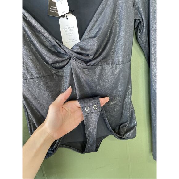 Express Bodysuit Womens Small NEW Body Contour Gray Long Sleeve Metallic Blouse - Picture 5 of 13